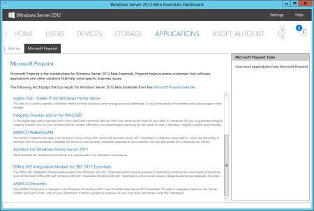 Windows Server Essentials Dashboard - Applications