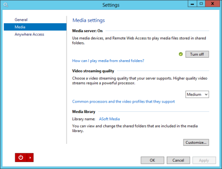Windows Server Essentials Settings - Media
